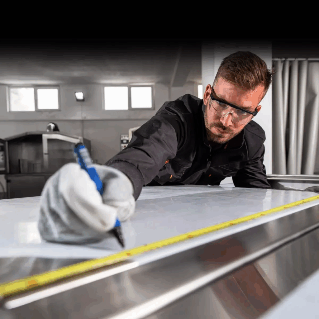 man measure a metal part
