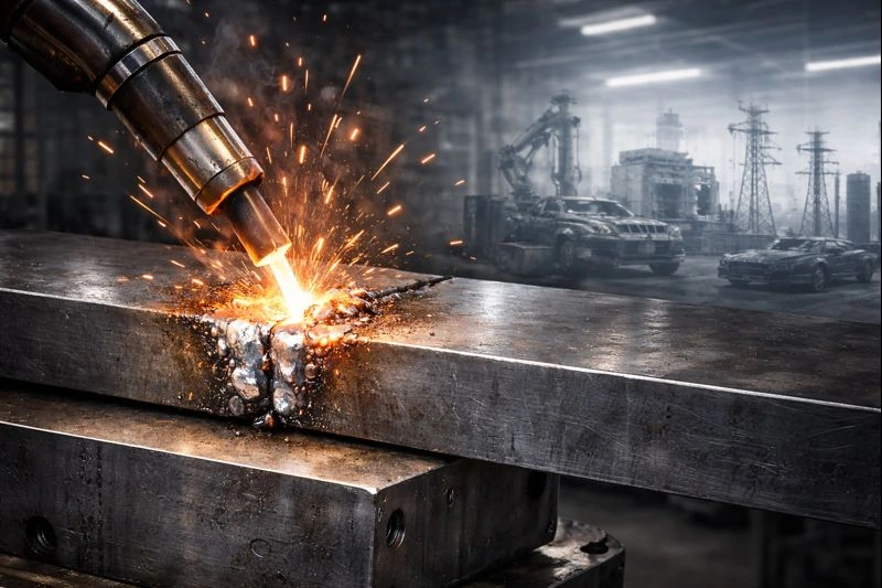 Industrial banner highlighting the importance of welding in modern metal fabrication, showing a powerful welding arc joining steel components with strength, precision, and durability across multiple industries.