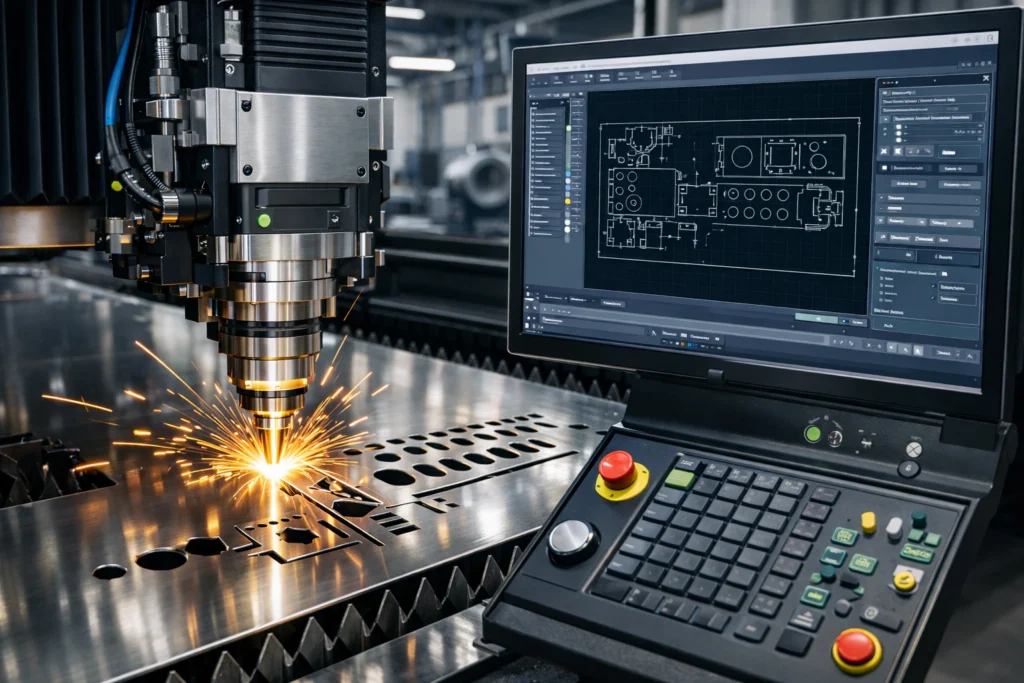 Flat laser cutting machine cutting a steel sheet with a CNC laser while a CAD design is displayed on the control panel in a modern fabrication workshop.