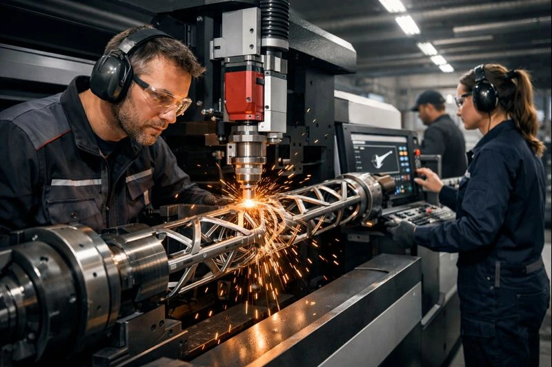 Modern industrial workshop showing tube laser cutting of complex metal structures with high precision and realistic lighting.