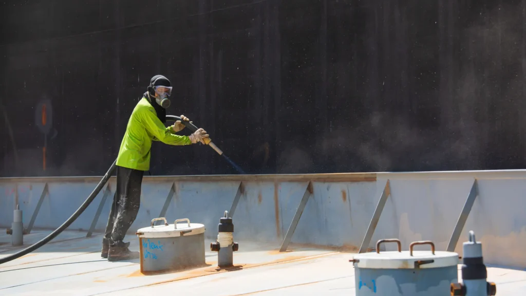A technician performing bead blasting on a large metal surface using industrial blasting equipment, wearing full safety gear and protective respirator.