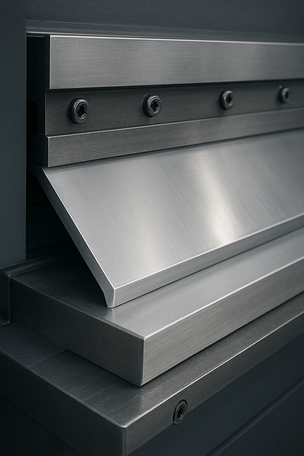 Close-up view of an aluminum bending brake clamping a sheet of aluminum, showcasing the precision bending bar and clamping system with smooth metal surfaces.