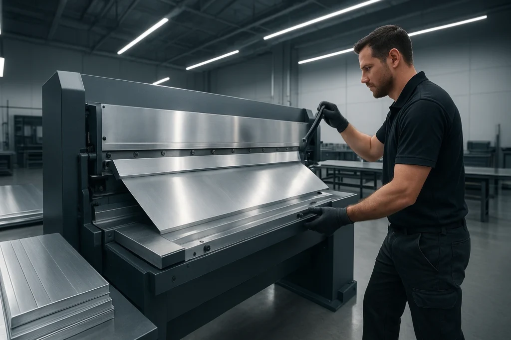 A technician operating an aluminum bending brake in a modern workshop, adjusting the handle to bend aluminum sheets with precision under clean industrial lighting.