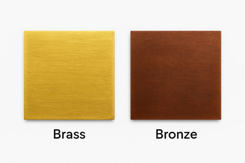 Comparison of brass and bronze metal plates, showing their distinct colors and textures, illustrating the concept of what is bronze.