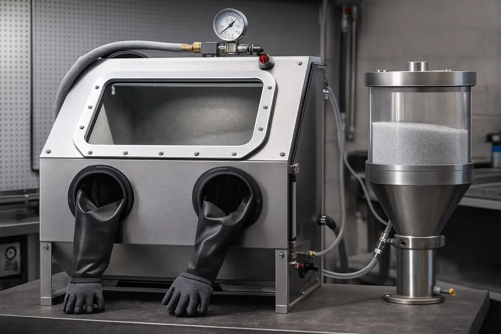 Modern glass bead blasting machine in a clean workshop, featuring a transparent viewing window, built-in gloves, pressure gauge, and a stainless-steel glass bead media container.