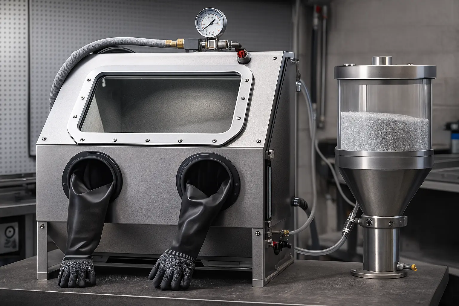 Modern glass bead blasting machine in a clean workshop, featuring a transparent viewing window, built-in gloves, pressure gauge, and a stainless-steel glass bead media container.