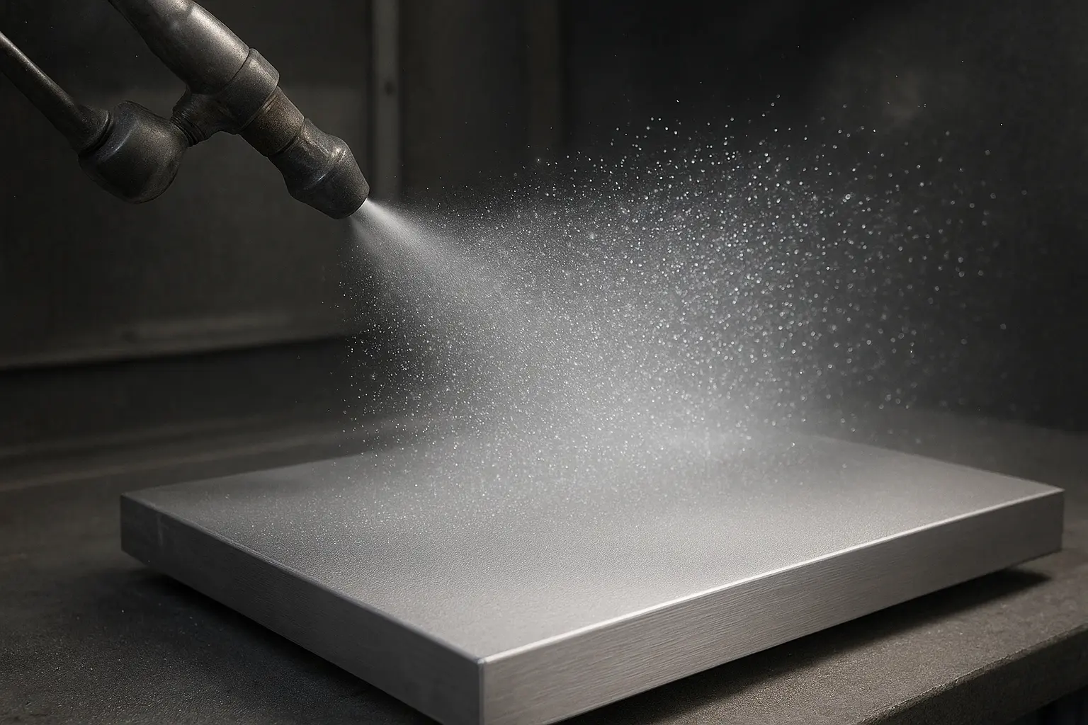 Glass bead blasting process showing high-pressure glass beads striking a metal surface to create a smooth, uniform finish.