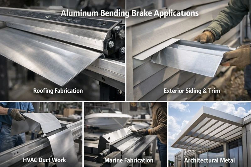 Aluminum Bending Brake applications in roofing fabrication, exterior siding trim, HVAC duct work, marine fabrication, and architectural metal projects