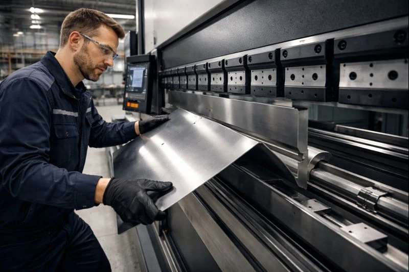 Skilled operator performing brake bending on a CNC press brake machine to form precision sheet metal components in an industrial workshop.