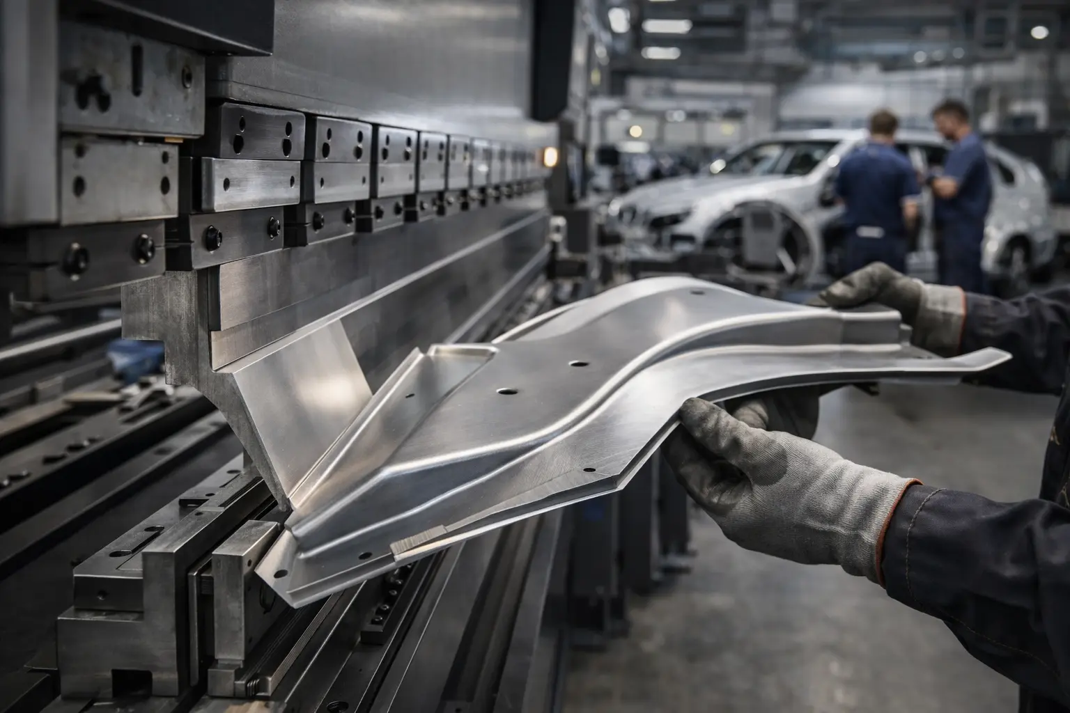 Automotive sheet metal panel being bent on a CNC bending brake to form precise brake shapes in a modern vehicle manufacturing workshop.