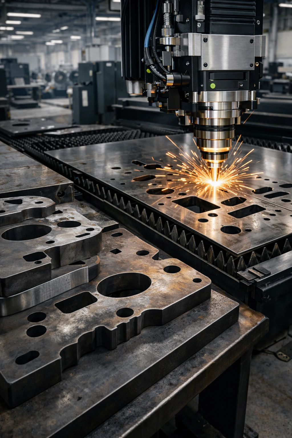 Flat laser cutting of heavy steel plates using a CNC laser machine to produce precision machinery components in an industrial fabrication workshop.