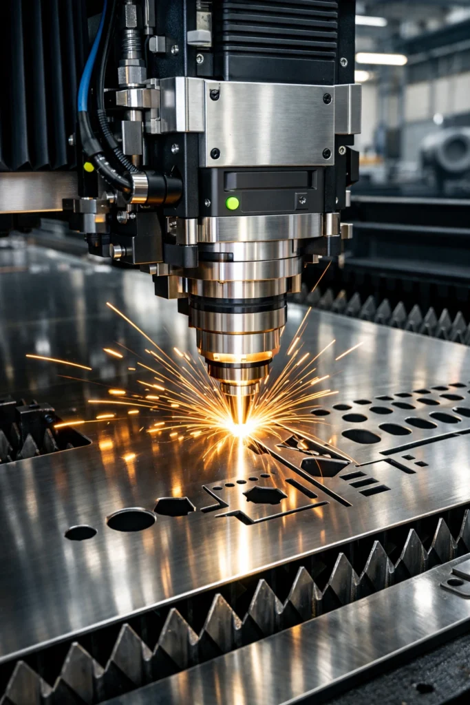 Flat laser cutting machine precisely cutting a stainless steel sheet with a focused laser beam in an industrial metal fabrication workshop.