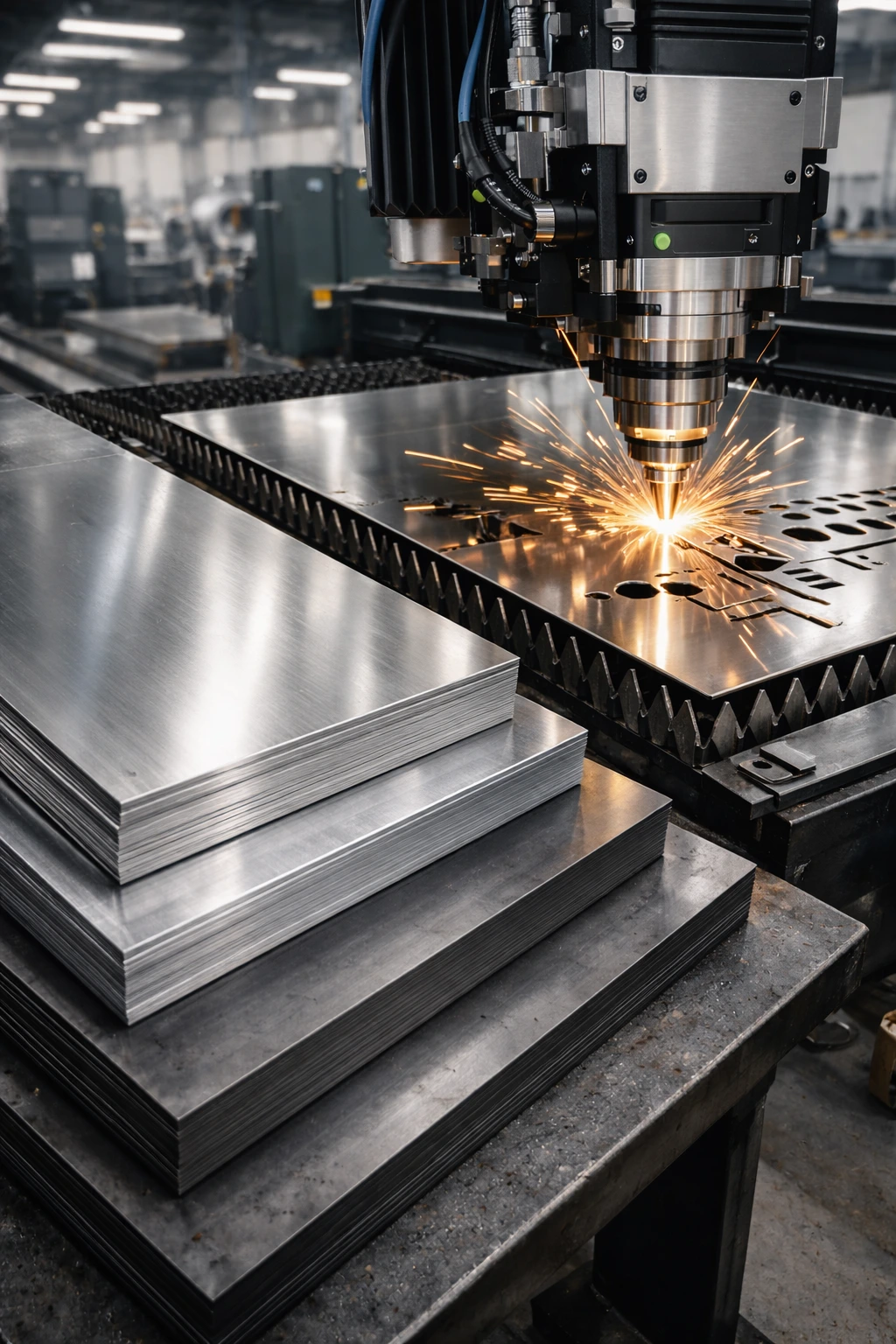 Flat laser cutting machine processing a steel sheet while stacked metal plates sit beside the CNC laser system in a professional fabrication workshop.