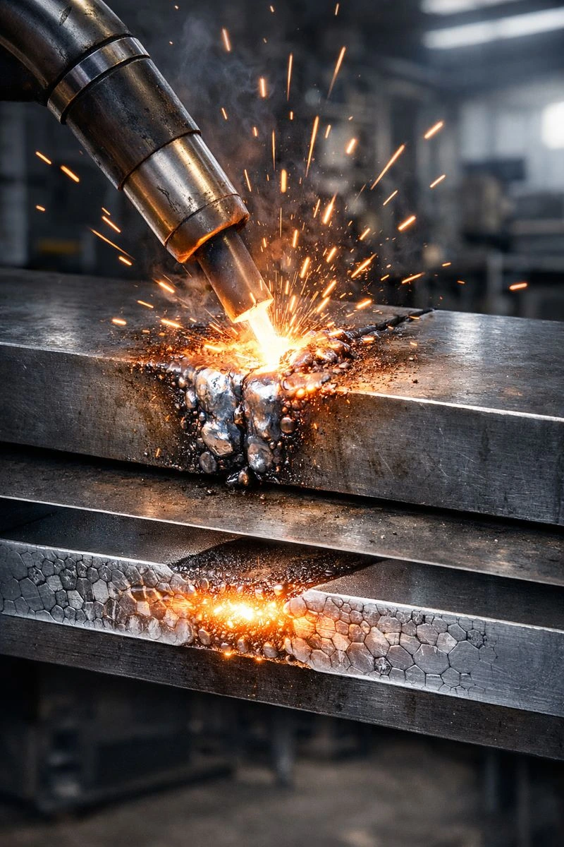 High-resolution image showing the importance of welding, with an electric arc welding process fusing two metal plates into a single strong structure, highlighting molecular fusion, strength, and durability in metal fabrication.