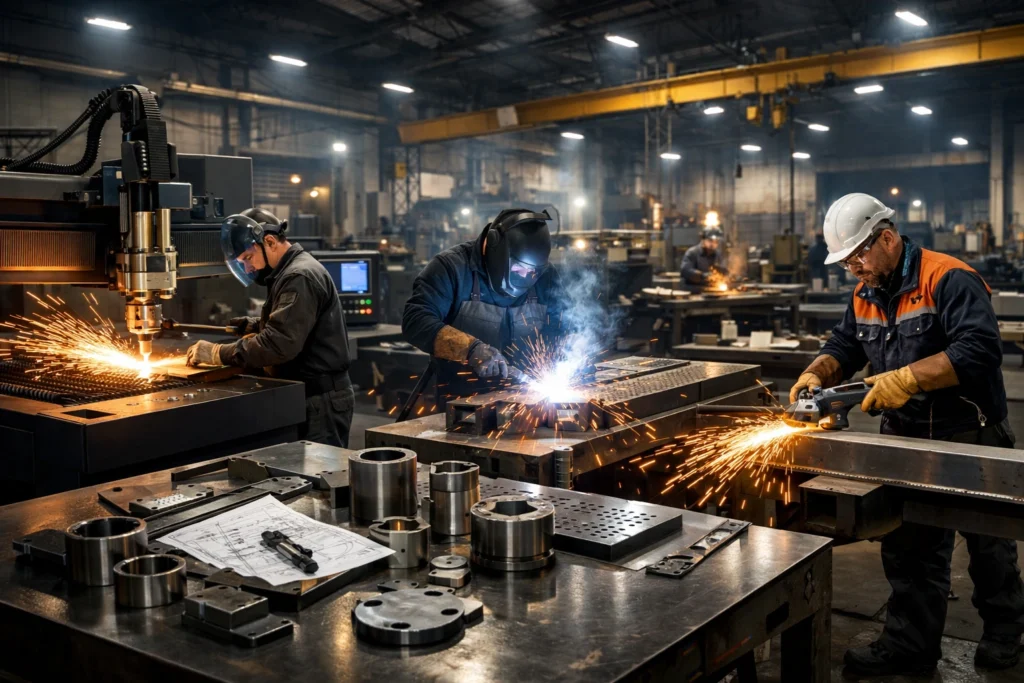 Metal fabrication services in a modern industrial workshop with skilled technicians operating CNC laser cutting and welding machines on steel and aluminum components.
