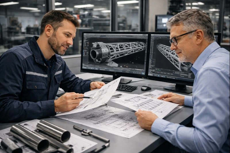 ToledoFab Services engineers reviewing CAD designs and technical drawings for custom metal fabrication projects in a professional industrial office setting.