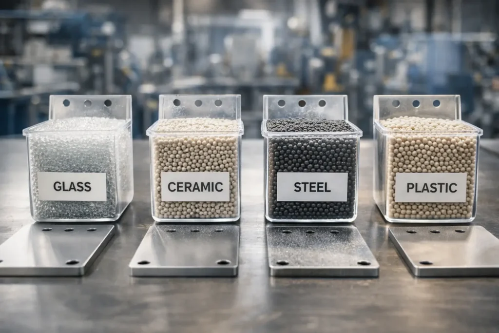 Visual comparison of glass, ceramic, steel, and plastic bead types in a Los Angeles industrial lab, each in labeled containers next to metal samples, highlighting texture and purpose.