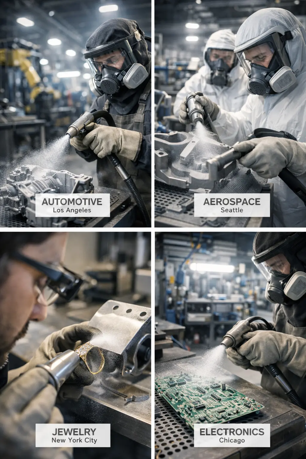 Collage showing bead blasting applications: automotive parts in Los Angeles, aerospace components in Seattle, jewelry in New York City, and electronics in Chicago, with technicians in protective gear.
