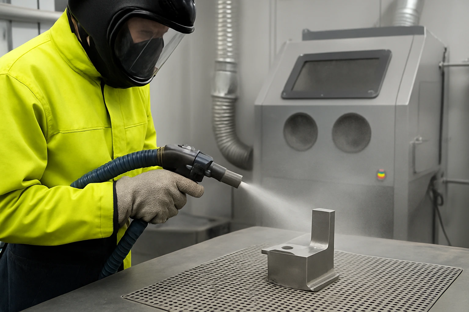 A technician wearing protective gear carrying out the bead blasting process on a metal surface inside an industrial workshop, creating a clean and uniform finish.