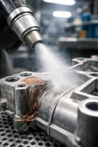 Close-up of bead blasting in action on a metal surface in a Chicago precision manufacturing lab, showing fine ceramic and glass beads removing rust and old paint with realistic lighting.