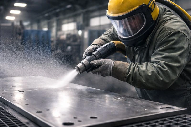Industrial bead blasting in action on stainless steel sheets, part of professional metal fabrication services, with worker in protective gear.