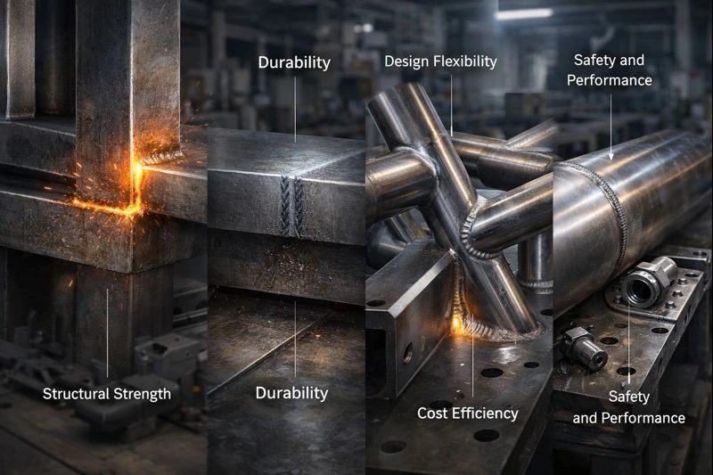 Industrial image highlighting the importance of welding, showing strong welded steel beams, durable joints, flexible design geometries, cost-efficient fabrication, and leak-proof performance in a modern workshop.