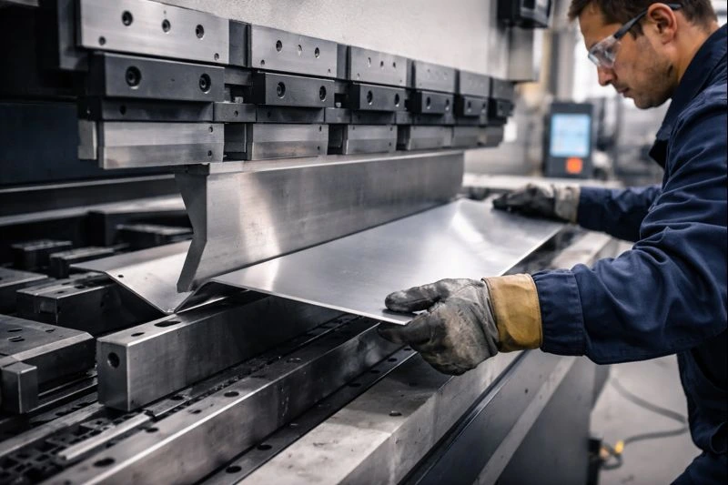 Skilled technician performing brake bending on sheet metal using a CNC press brake, part of professional metal fabrication services in an industrial workshop.