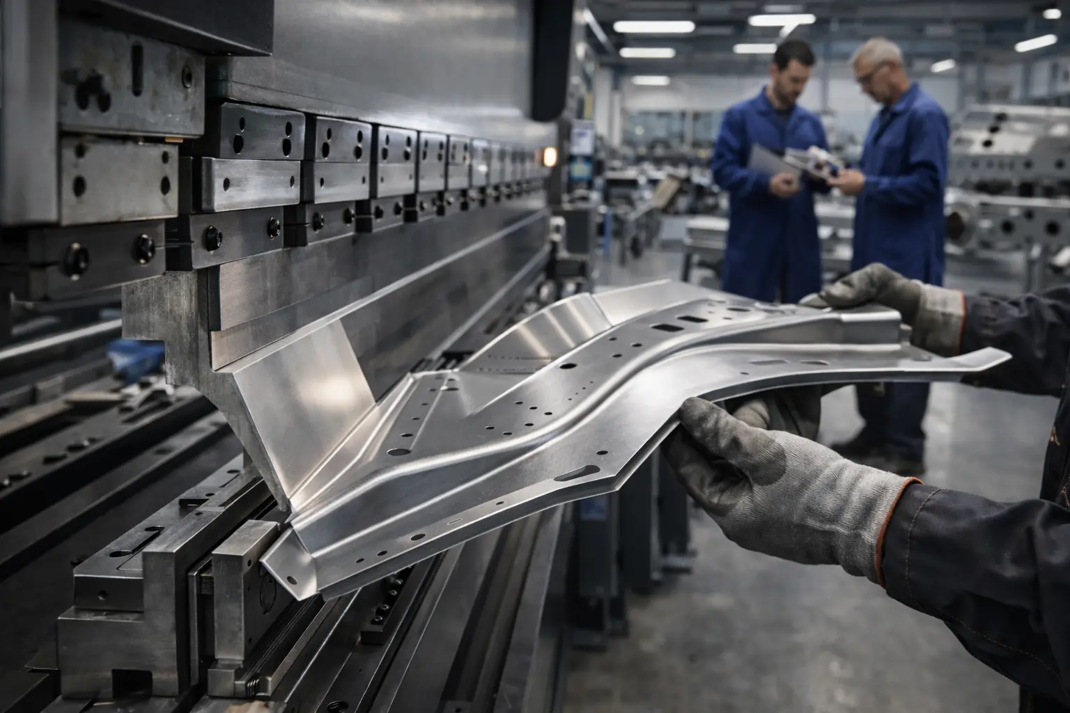 High-precision aerospace sheet metal component being bent on a CNC brake while engineers inspect quality in a clean, high-tech fabrication lab.