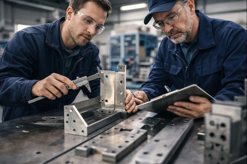 Technicians inspecting custom metal fabrication components with precision tools in a modern workshop, ensuring high-quality standards.
