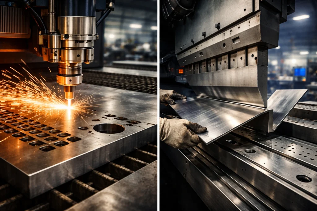 Custom metal fabrication process showing precision laser cutting and CNC bending of steel sheets in a modern industrial fabrication facility.