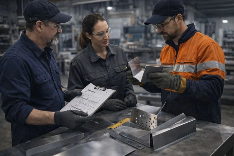Three factory workers wearing safety gear review blueprints and inspect fabricated metal components on a workbench, showcasing teamwork and precision by custom metal fabricators in an industrial manufacturing facility.