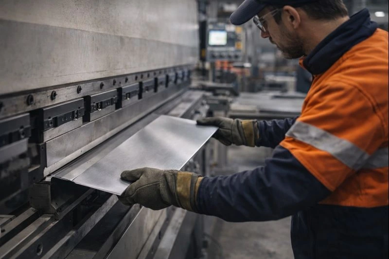 Worker performing custom sheet metal fabrication, bending a metal sheet using a press brake in an industrial workshop.