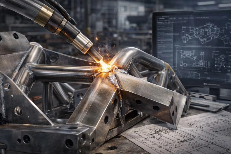 Precision welding of a complex metal assembly in a custom fabrication workshop, highlighting the importance of welding in custom and specialized fabrication with intricate joints and prototype design.