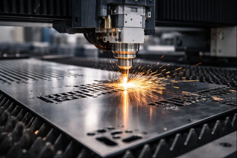 Flat laser cutting in action on a metal sheet, producing precise designs with sparks in an industrial workshop, part of professional metal fabrication services.
