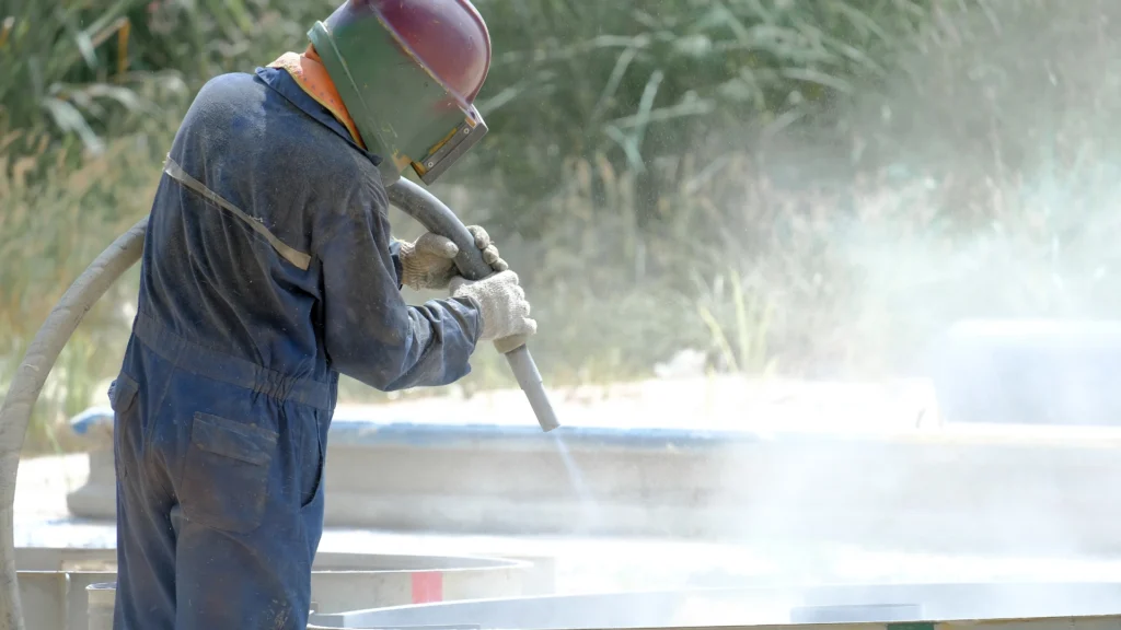 Glass and metal bead blasting used to remove rust and coatings from metal surfaces