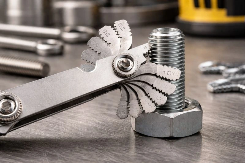 Thread pitch gauge measuring a bolt to determine thread size accurately