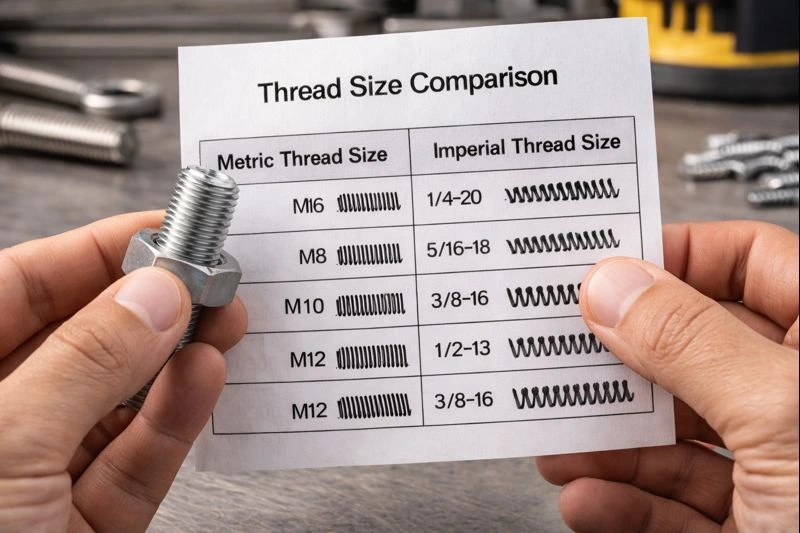 Hands comparing a bolt with a thread chart to figure out thread size accurately