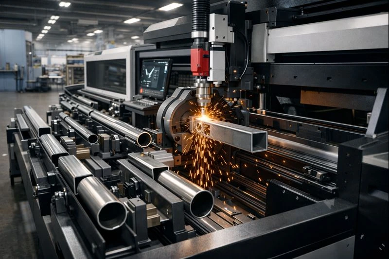Advanced laser tube cutting process creating automotive, furniture, and structural metal components inside a professional workshop.
