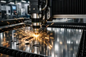 Flat laser cutting machine in action cutting a stainless steel sheet with precision