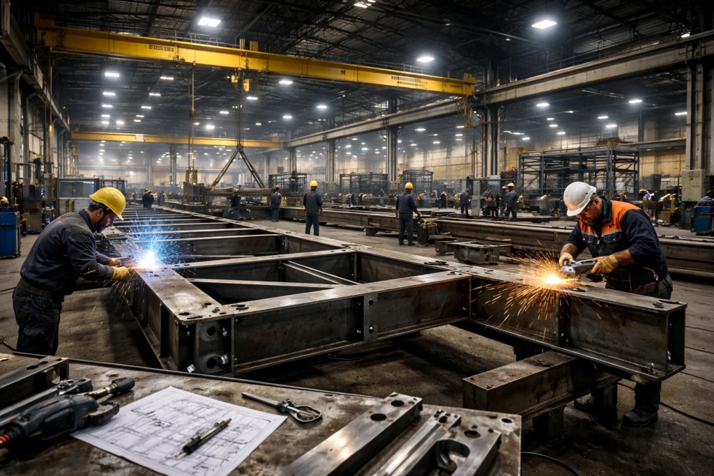 Metal fabrication services in a large-scale industrial facility producing heavy steel structures with welding stations, overhead cranes, and skilled workers in safety gear.