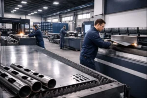 Metal fabrication services in action showing skilled technicians operating CNC machines and laser cutters in an industrial workshop with large metal sheets.