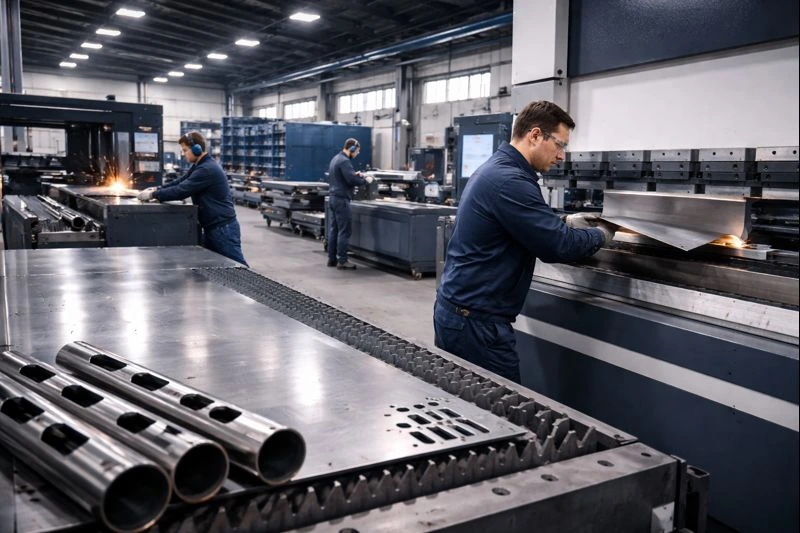 Metal fabrication services in action showing skilled technicians operating CNC machines and laser cutters in an industrial workshop with large metal sheets.