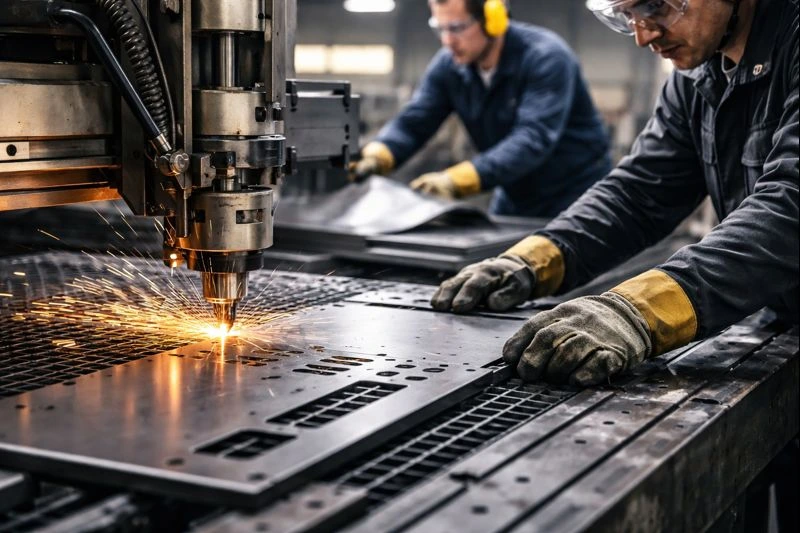 Close-up of metal fabrication services showing sheet metal being cut and formed by skilled workers using precision equipment in an industrial workshop.