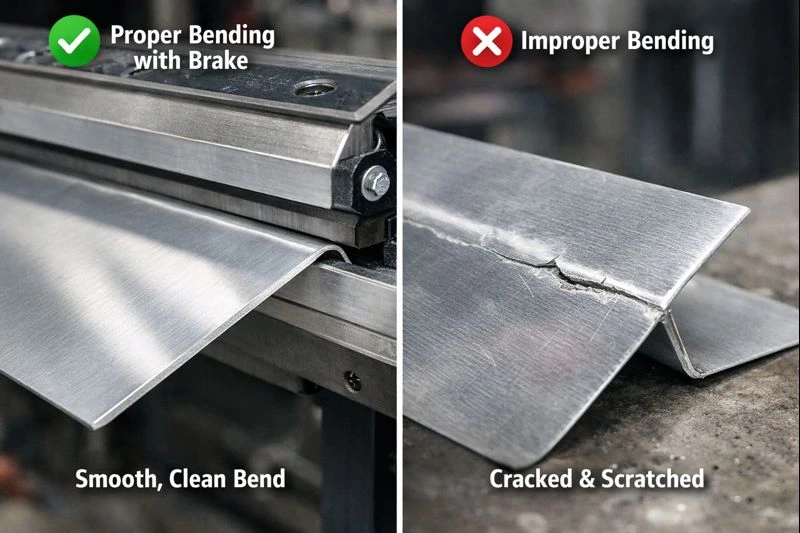 Comparison of proper and improper aluminum bending in metal-fabrication, showing smooth clean bend with brake versus cracked and damaged sheet