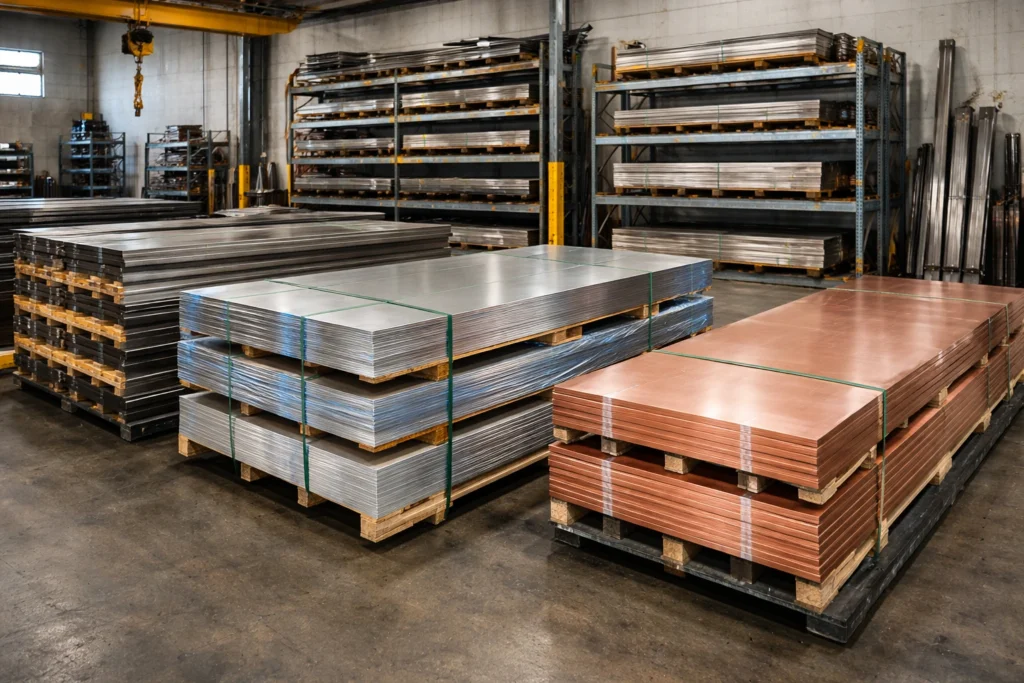 Industrial warehouse showing stacked steel, aluminum, and copper sheets stored on pallets for large-scale fabrication and bulk material sourcing.