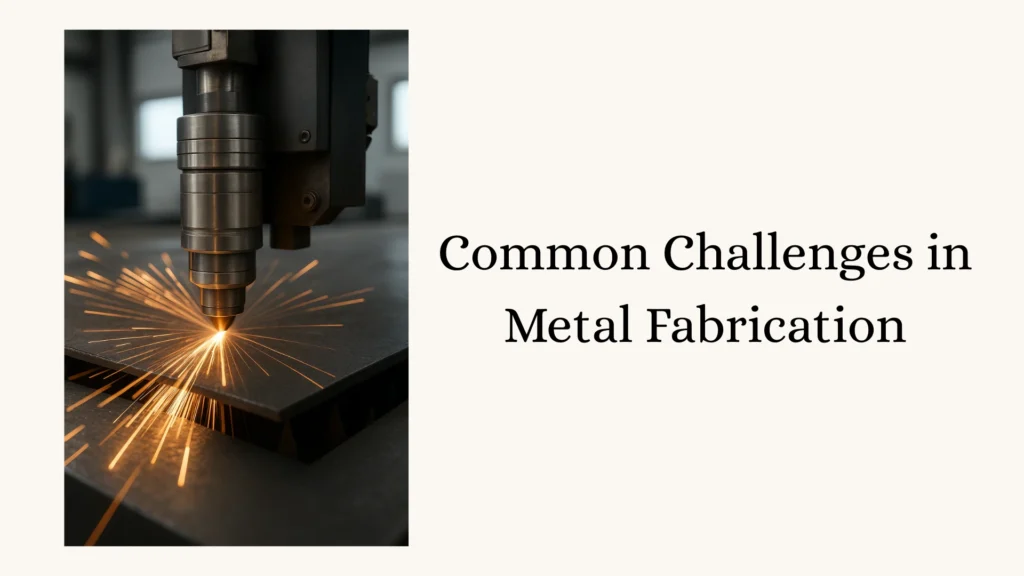 High-precision metal laser cutter cutting steel sheet in a workshop.