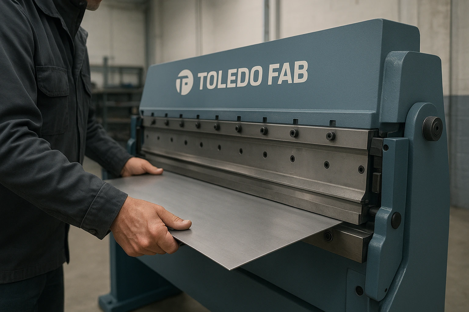Technician performing precision work using a metal sheet brake in a professional metal fabrication workshop