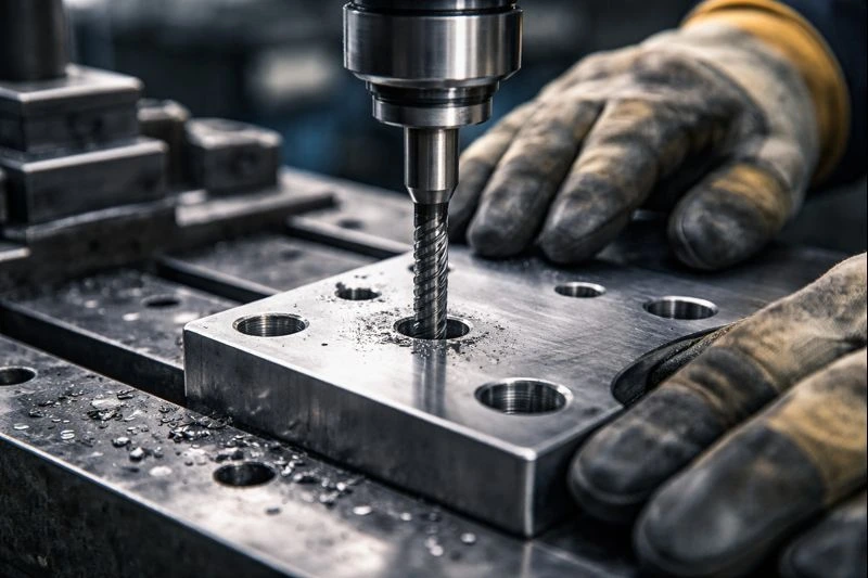 Industrial bead blasting in action on stainless steel sheets, part of professional metal fabrication services, with worker in protective gear.