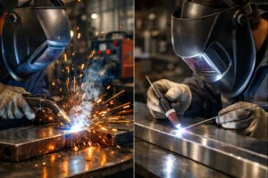 Split scene showing mig vs tig welding in action, with MIG welding on the left producing bright sparks and continuous wire feed, and TIG welding on the right creating a clean, precise weld in an industrial fabrication workshop.