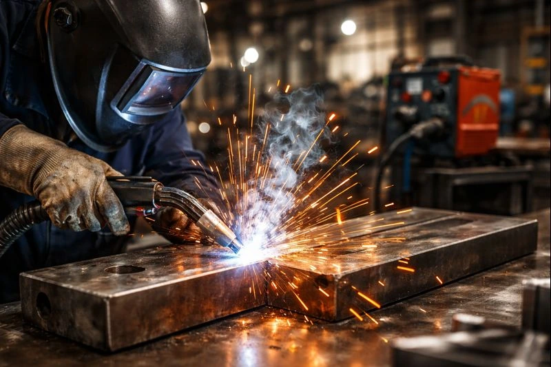 Close-up of mig welding on a thick steel plate, showing bright sparks, automatic wire feed, and a professional welder in an industrial workshop.